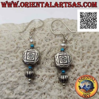 Silver leverback earrings with engraved silver inserts, pearls and turquoise balls