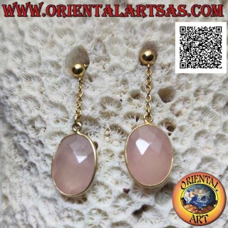 Gold-plated silver earrings with faceted oval rose quartz flush with smooth edge