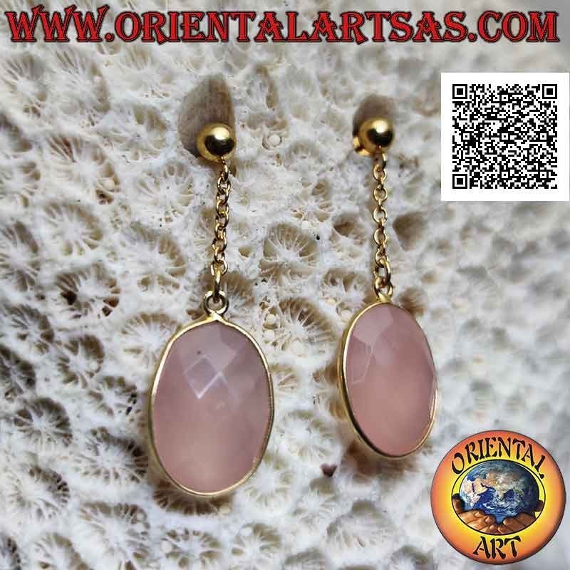 Gold-plated silver earrings with faceted oval rose quartz flush with smooth edge