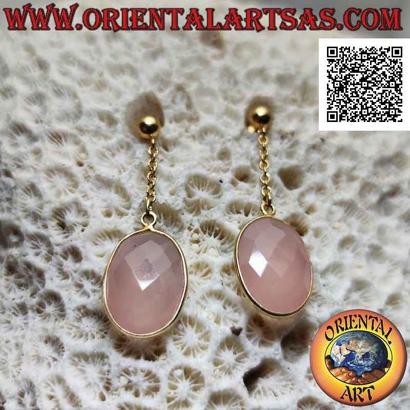 Boucles d'oreilles en argent plaqué or avec quartz rose ovale facetté affleurant avec bord lisse