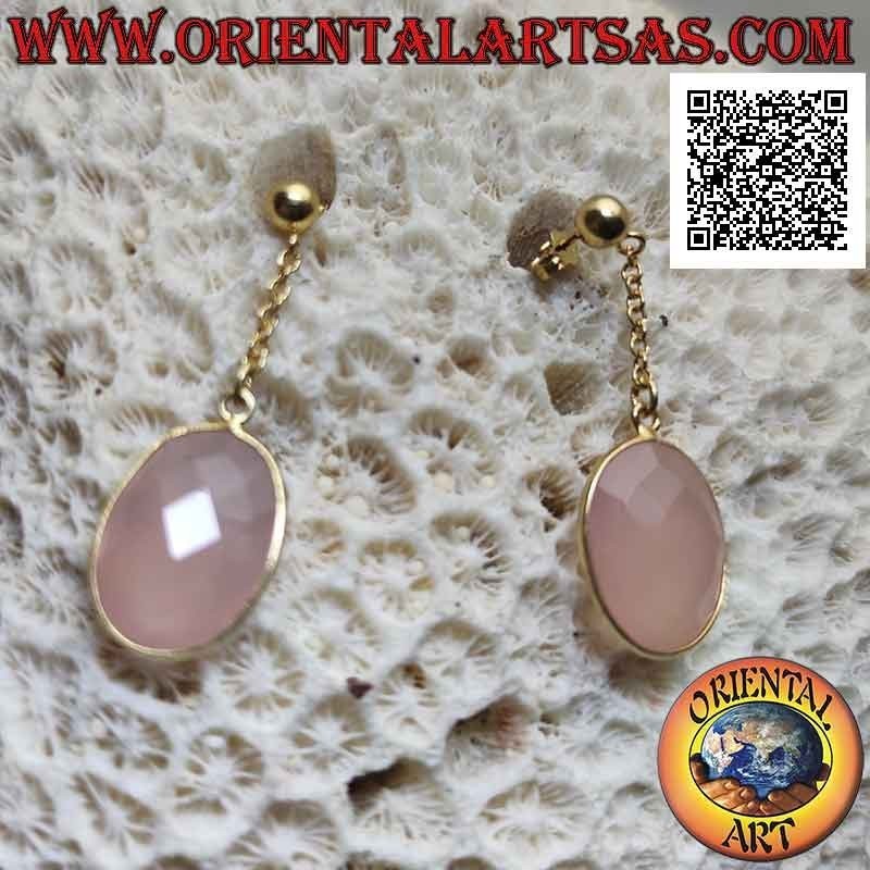 Orecchini in argento placcati oro con quarzo rosa ovale sfaccettato a filo bordo liscio