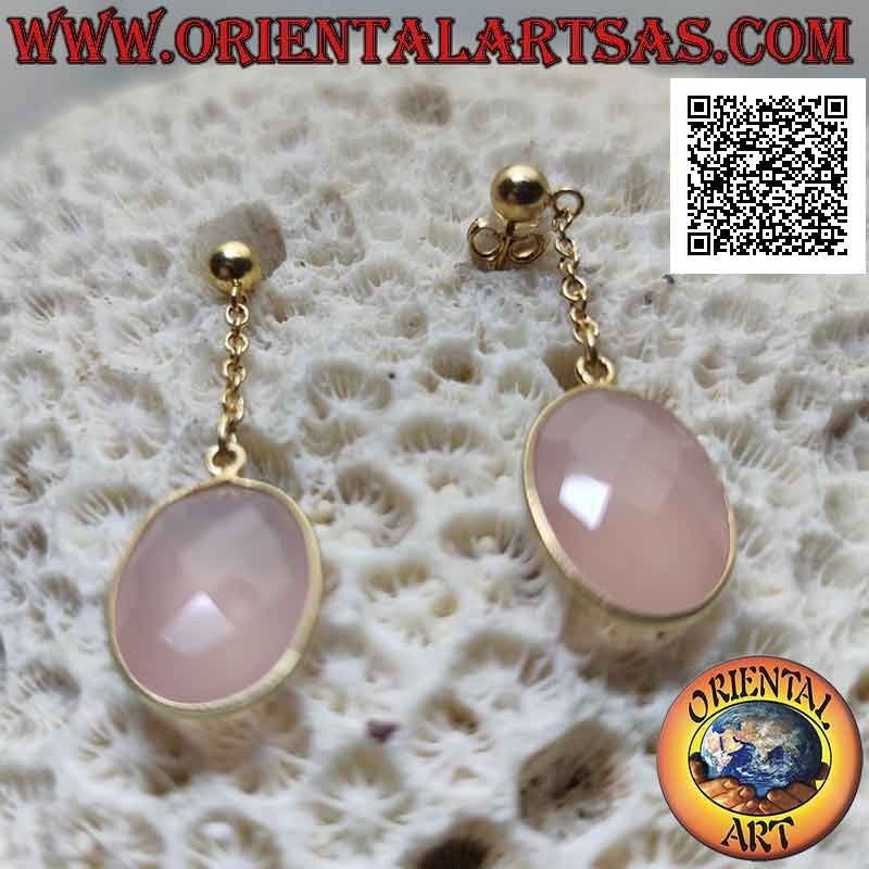 Gold-plated silver earrings with faceted oval rose quartz flush with smooth edge