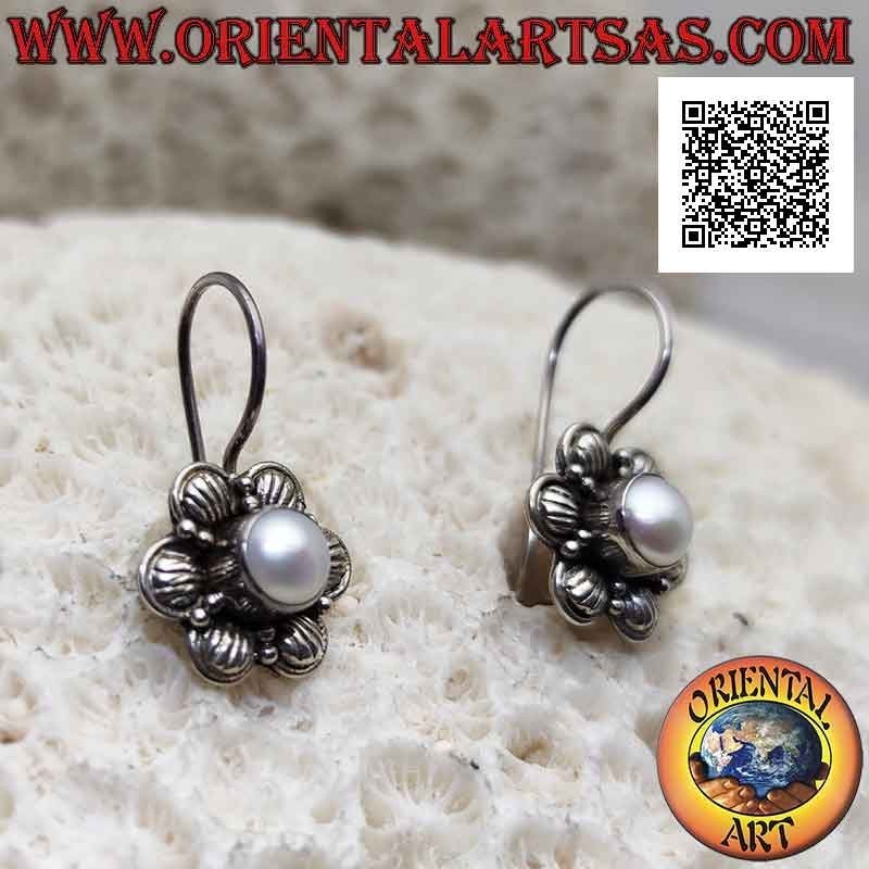 Six-petal flower leverback earrings in silver with central white pearl