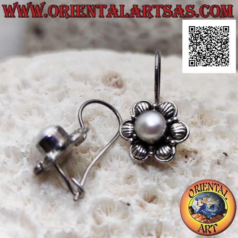 Six-petal flower leverback earrings in silver with central white pearl
