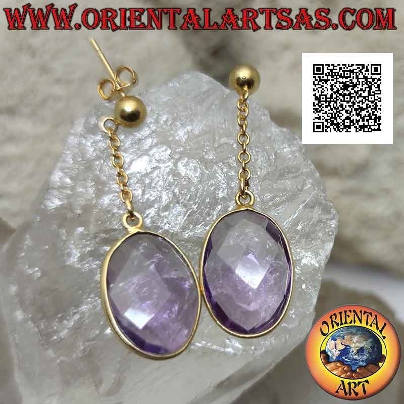 Boucles d'oreilles en argent plaqué or avec améthyste synthétique ovale à facettes avec fil à bord lisse