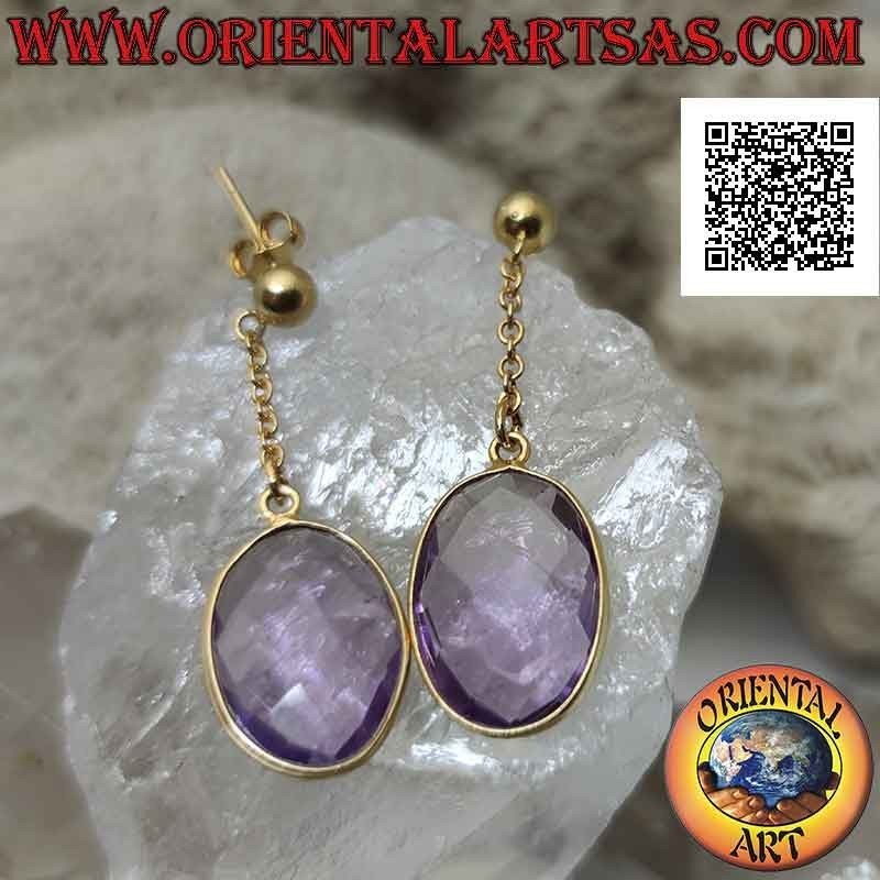 Orecchini in argento placcati oro con ametista di sintesi ovale sfaccettata a filo bordo liscio