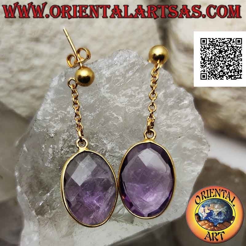 Boucles d'oreilles en argent plaqué or avec améthyste synthétique ovale à facettes avec fil à bord lisse