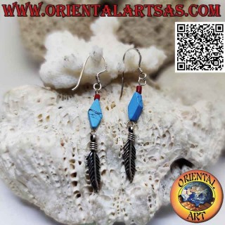 Pendientes de plata con rombo de pasta turquesa y colgante de pluma