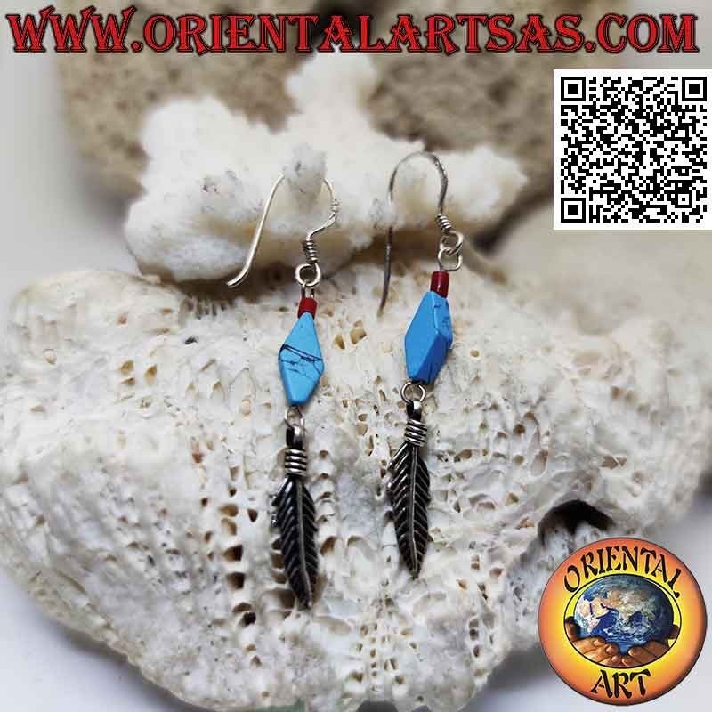 Silver earrings with turquoise paste rhombus and pendant feather