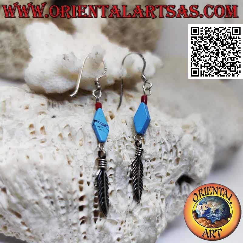 Silver earrings with turquoise paste rhombus and pendant feather