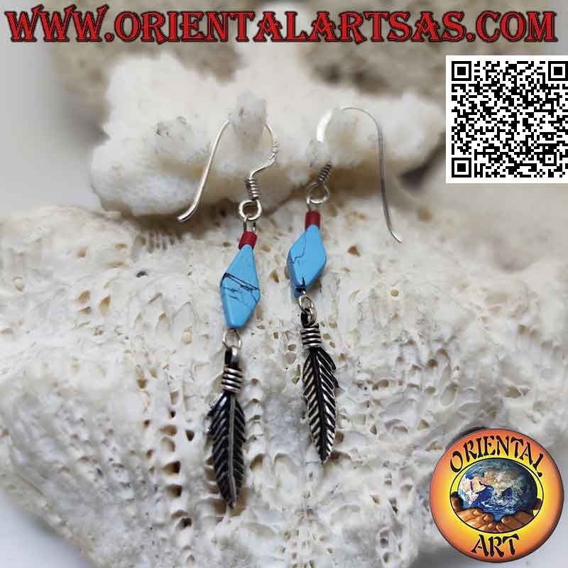 Boucles d'oreilles en argent avec losange en pâte turquoise et pendentif plume