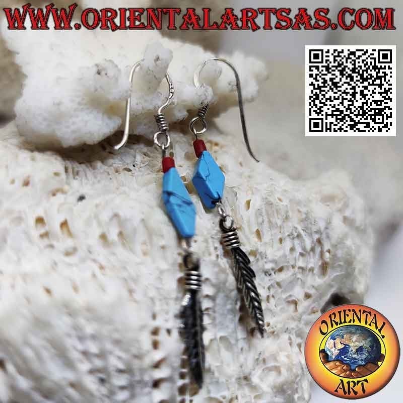 Pendientes de plata con rombo de pasta turquesa y colgante de pluma