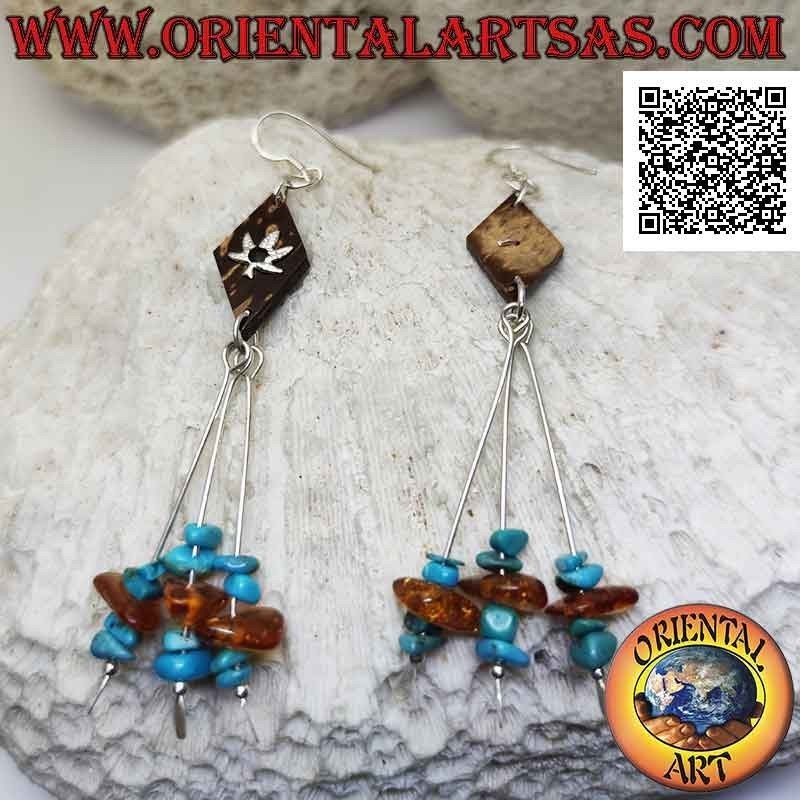 Silberne Ohrringe mit Kokos-Rhombus mit appliziertem Blatt und drei Strängen mit Türkis- und Bernsteinfragmenten