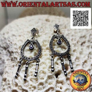 Closed U-shaped silver earrings studded with marcasite with natural drop amethyst in the center