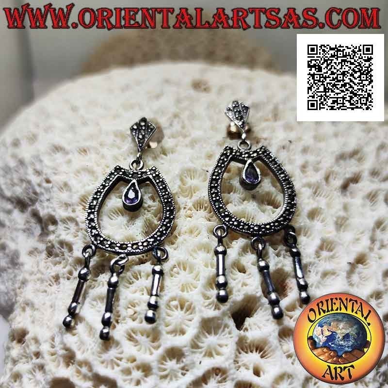 Closed U-shaped silver earrings studded with marcasite with natural drop amethyst in the center