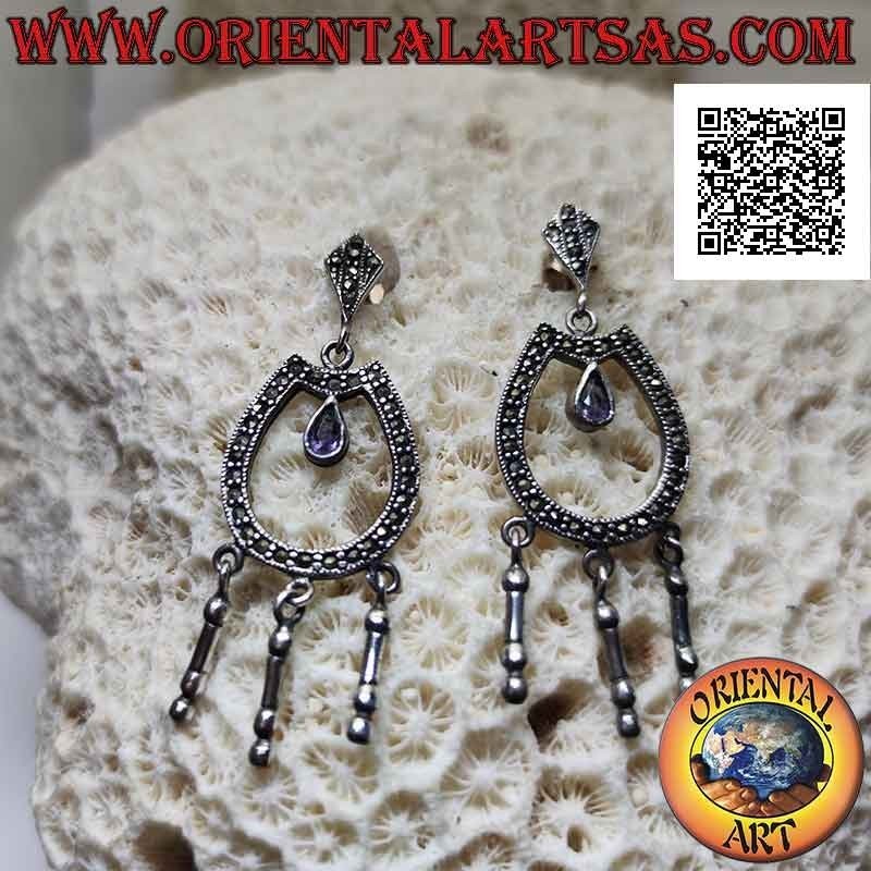 Closed U-shaped silver earrings studded with marcasite with natural drop amethyst in the center