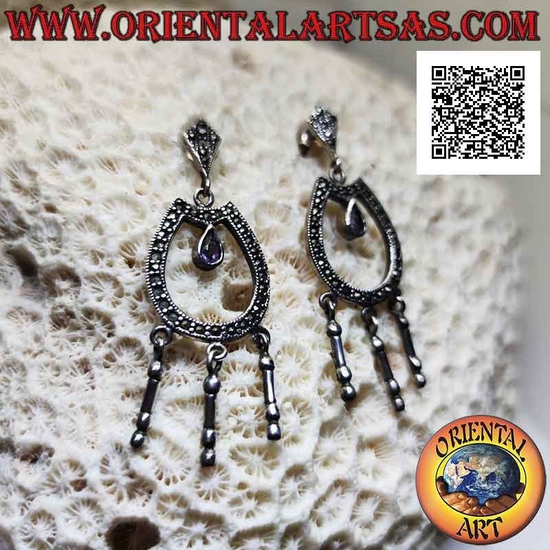 Closed U-shaped silver earrings studded with marcasite with natural drop amethyst in the center