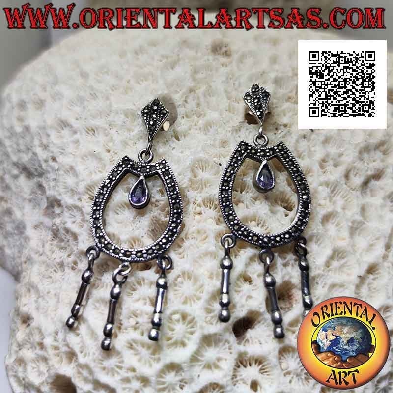 Closed U-shaped silver earrings studded with marcasite with natural drop amethyst in the center