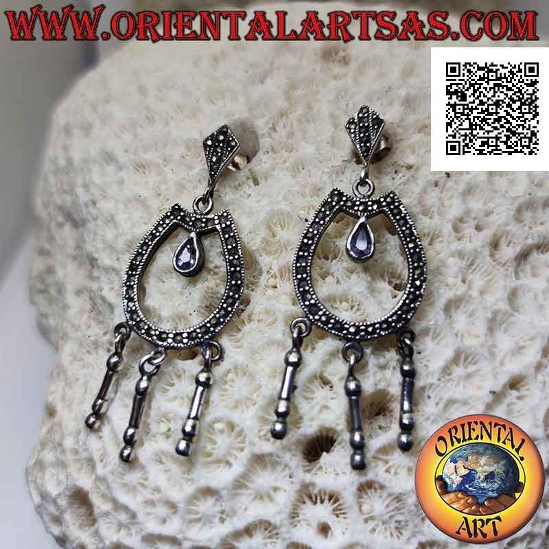 Pendientes de plata cerrados en forma de U tachonados con marcasita con gota de amatista natural en el centro