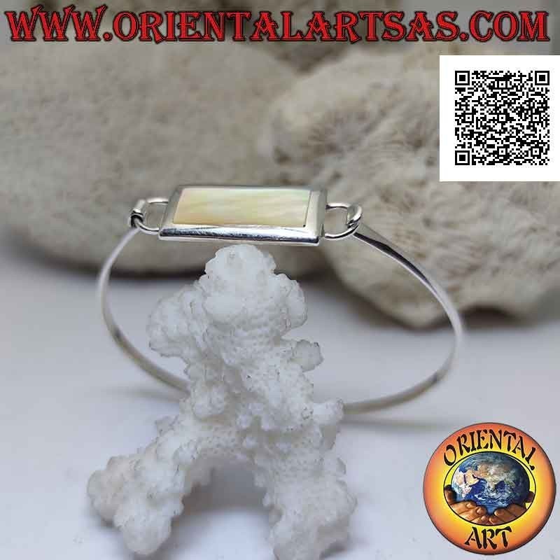 Glattes starres Armband in 925 ‰ Silber mit rechteckigem Perlmuttdraht (Faltschließe)