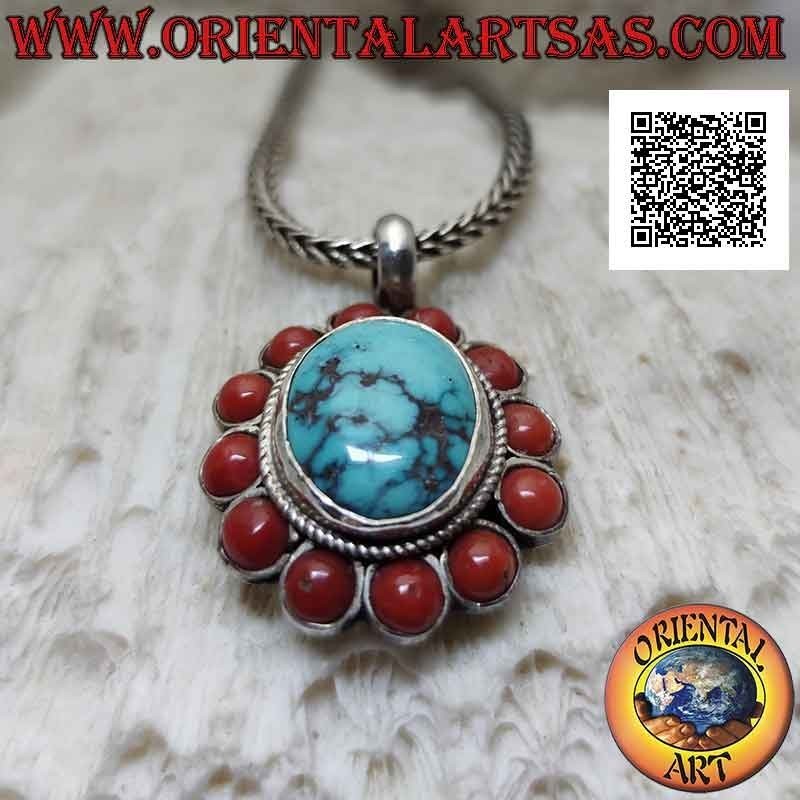 Ciondolo in argento con turchese tibetano naturale tondo contornato da intreccio e coralli antichi tondi