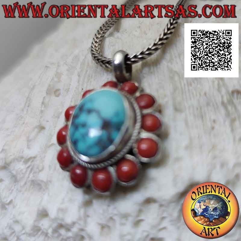 Ciondolo in argento con turchese tibetano naturale tondo contornato da intreccio e coralli antichi tondi