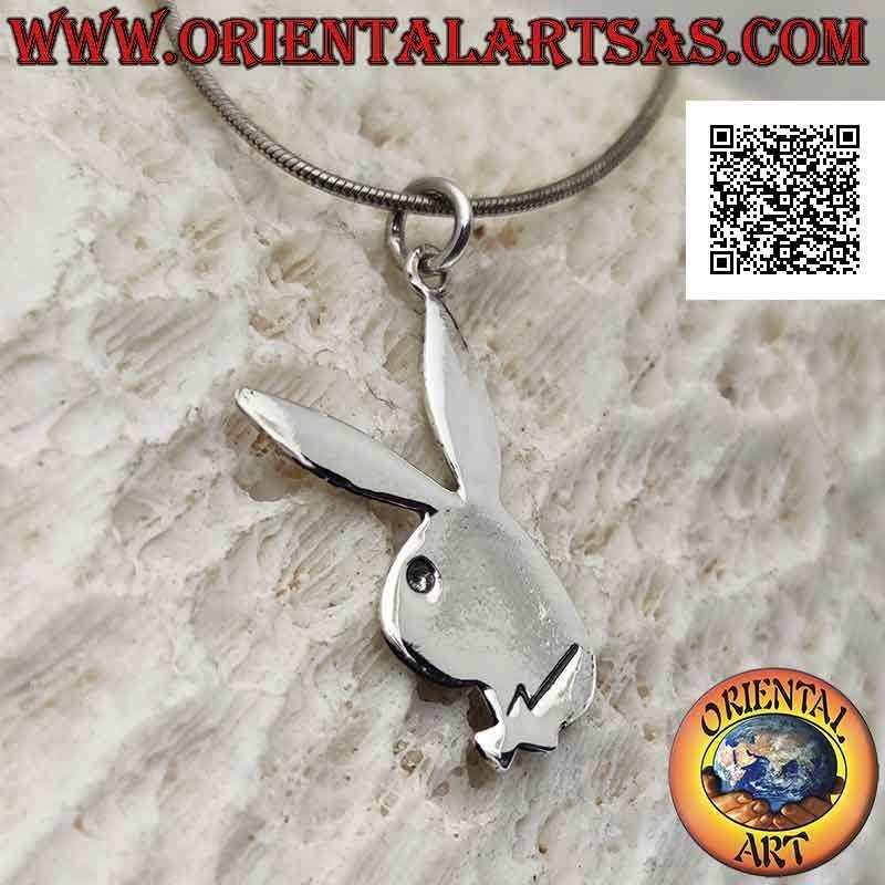 Colgante de plata en forma de conejito plano "playboy" con grabados ligeros (fino)