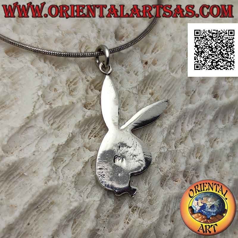 Silver pendant in the shape of a flat "playboy" bunny with light engravings (thin)