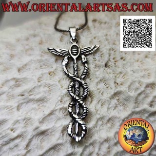 Silver pendant in the shape of a caduceus or staff of hermes (symbol of wisdom and immortality) large