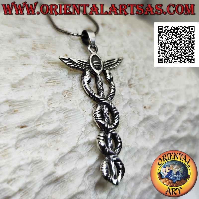 Ciondolo in argento a forma di caduceo o bastone di hermes (simbolo di sapienza e immortalità) grande