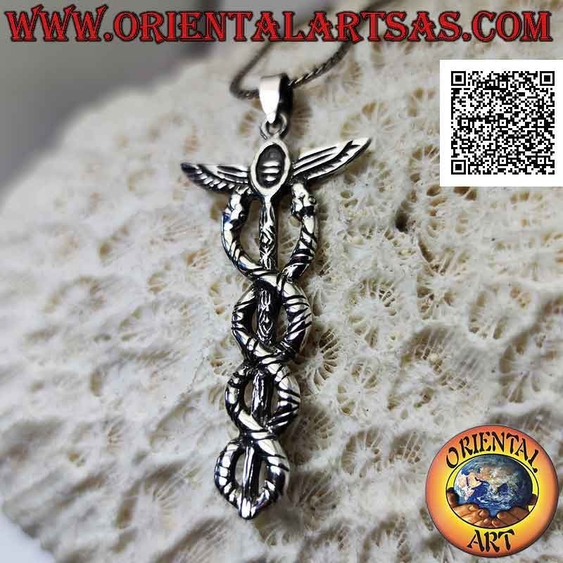 Ciondolo in argento a forma di caduceo o bastone di hermes (simbolo di sapienza e immortalità) grande