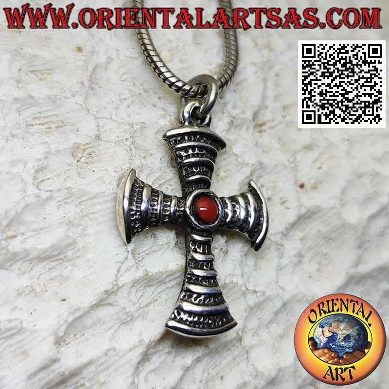 Silver pendant in the shape of a cross with central round natural coral