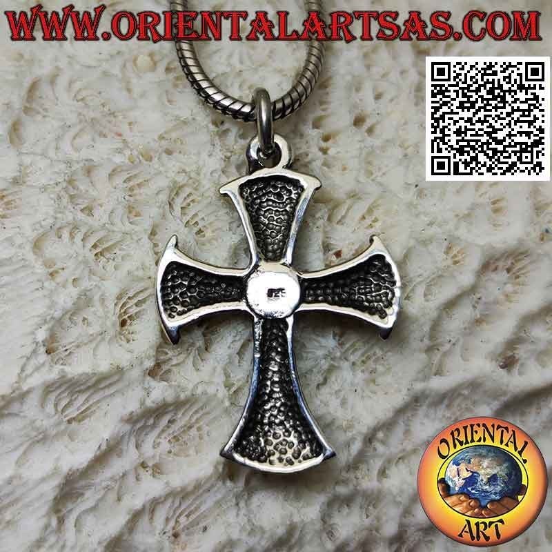 Silver pendant in the shape of a cross with central round natural coral