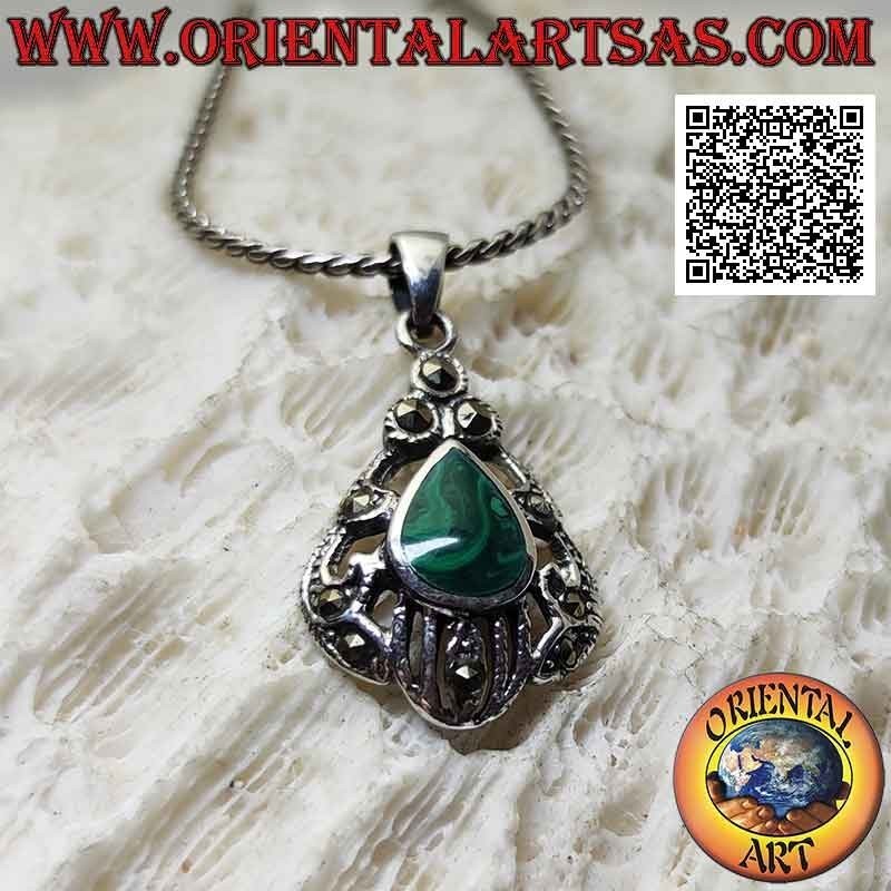 Silver pendant with drop malachite surrounded by pierced decoration studded with marcasite