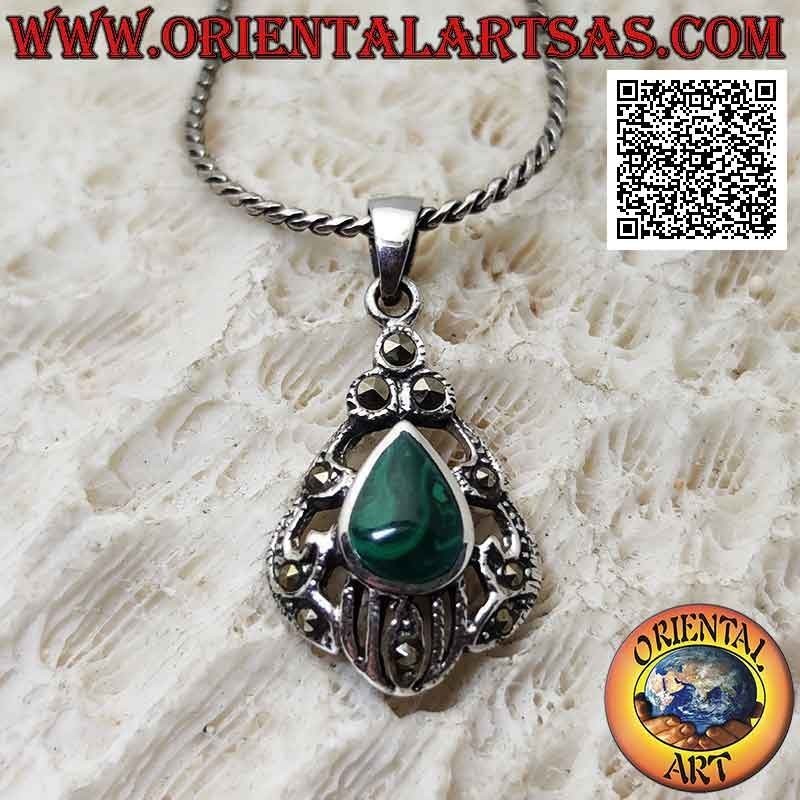 Silver pendant with drop malachite surrounded by pierced decoration studded with marcasite