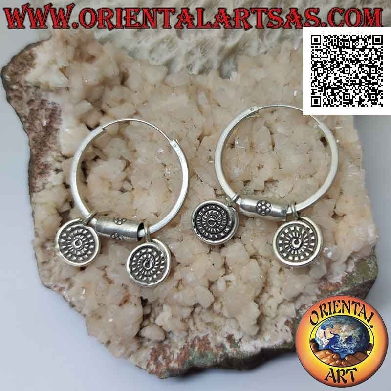 Silver hoop earrings (Karen) with 1 insert and 2 pendants (smooth and toothed double-sided spiral) removable