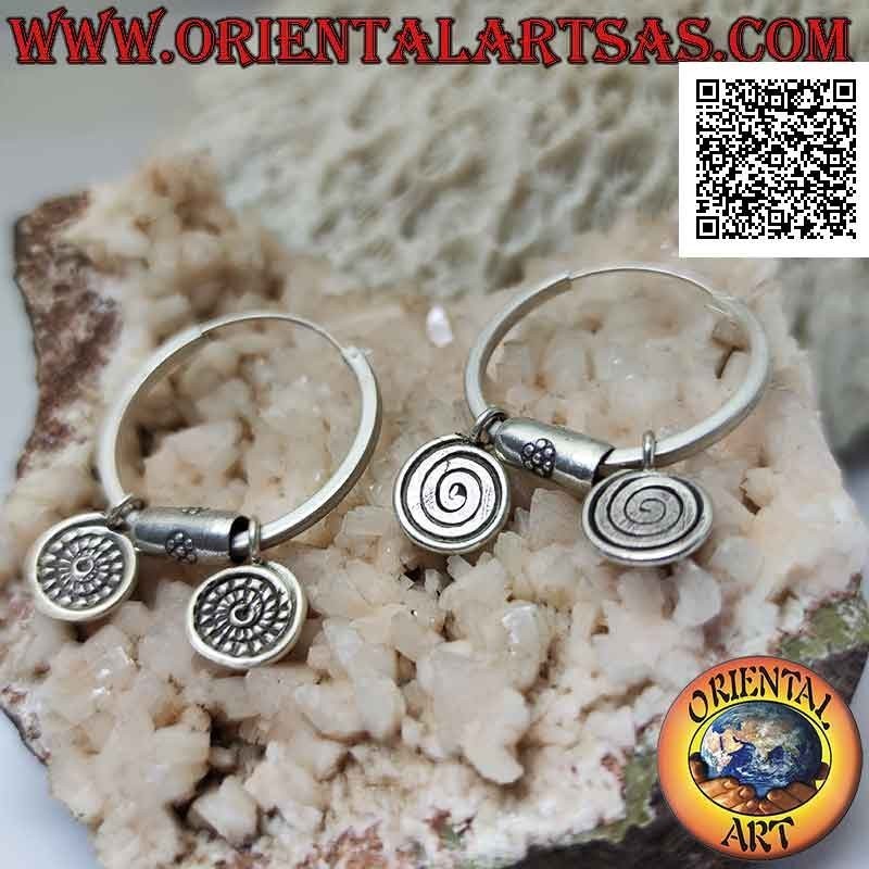 Pendientes de aro de plata (Karen) con 1 inserción y 2 colgantes (espiral lisa y dentada de doble cara) extraíbles