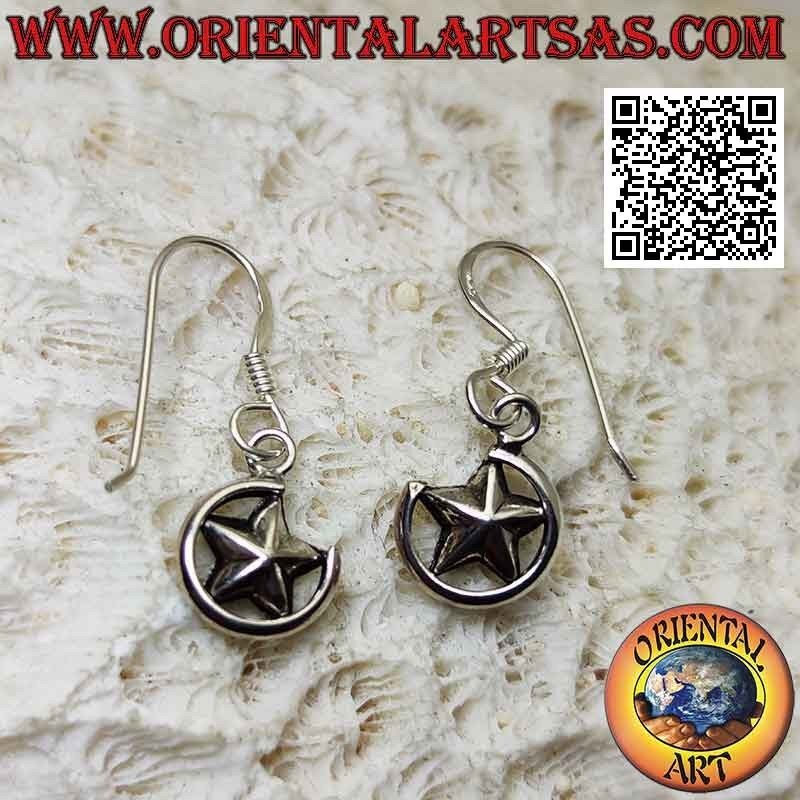 Silver leverback earrings with star between a three-quarter circle