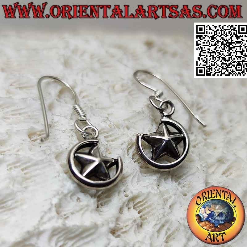 Pendientes de palanca de plata con estrella entre tres cuartos de círculo