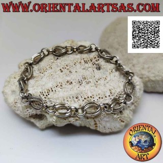 Pulsera en plata 925 ‰ con cadena de pares de anillos lisos y óvalos curvos alternados