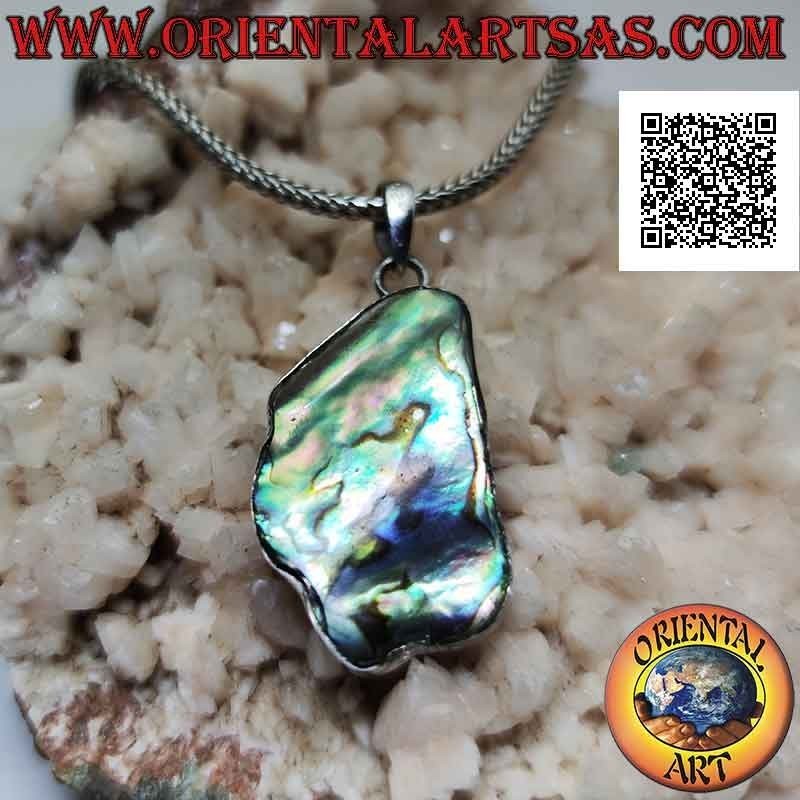 Wide irregular shape silver pendant with paua shell (abalone)