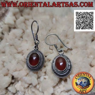 Silver leverback earrings with cabochon oval carnelian and perpendicular striped frame