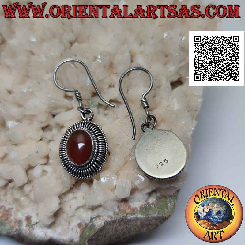 Silver leverback earrings with cabochon oval carnelian and perpendicular striped frame