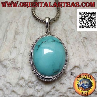 Colgante de plata con cabujón de turquesa antiguo ovalado rodeado de tejido helicoidal (grande)