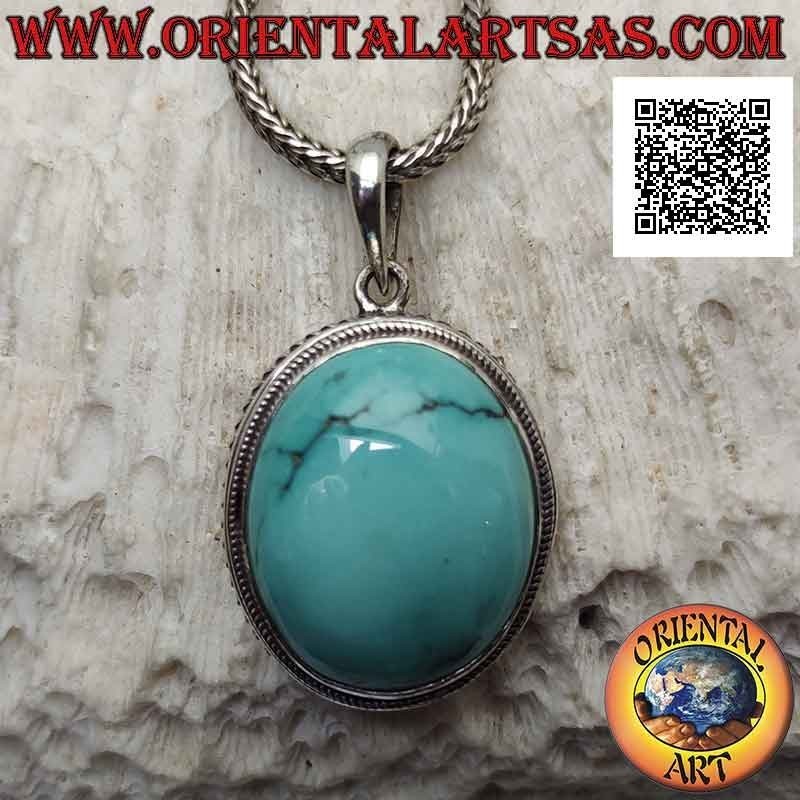 Pendentif en argent avec cabochon turquoise antique ovale entouré d'un tissage hélicoïdal (grand)