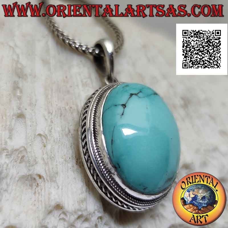 Silver pendant with antique turquoise cabochon oval surrounded by helical weave (large)