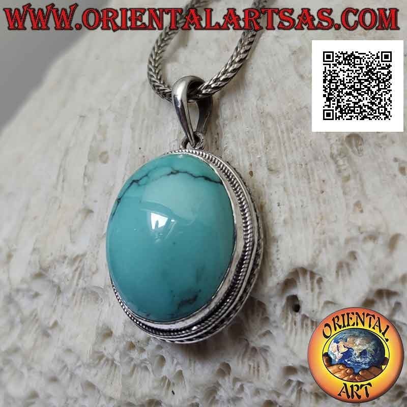 Colgante de plata con cabujón de turquesa antiguo ovalado rodeado de tejido helicoidal (grande)