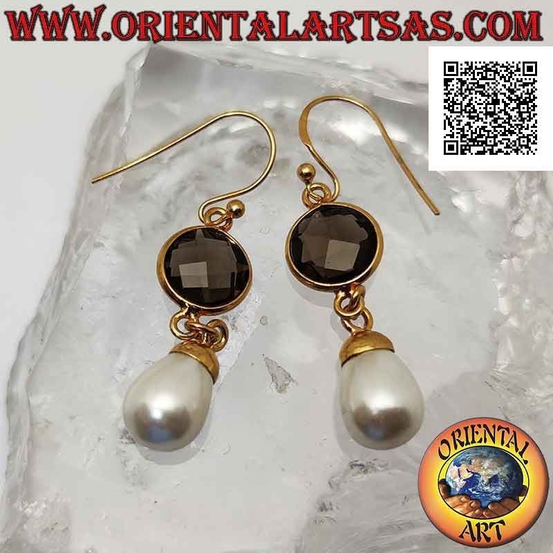Boucles d'oreilles en argent plaqué or avec topaze fumée ronde facettée et pendentif perle