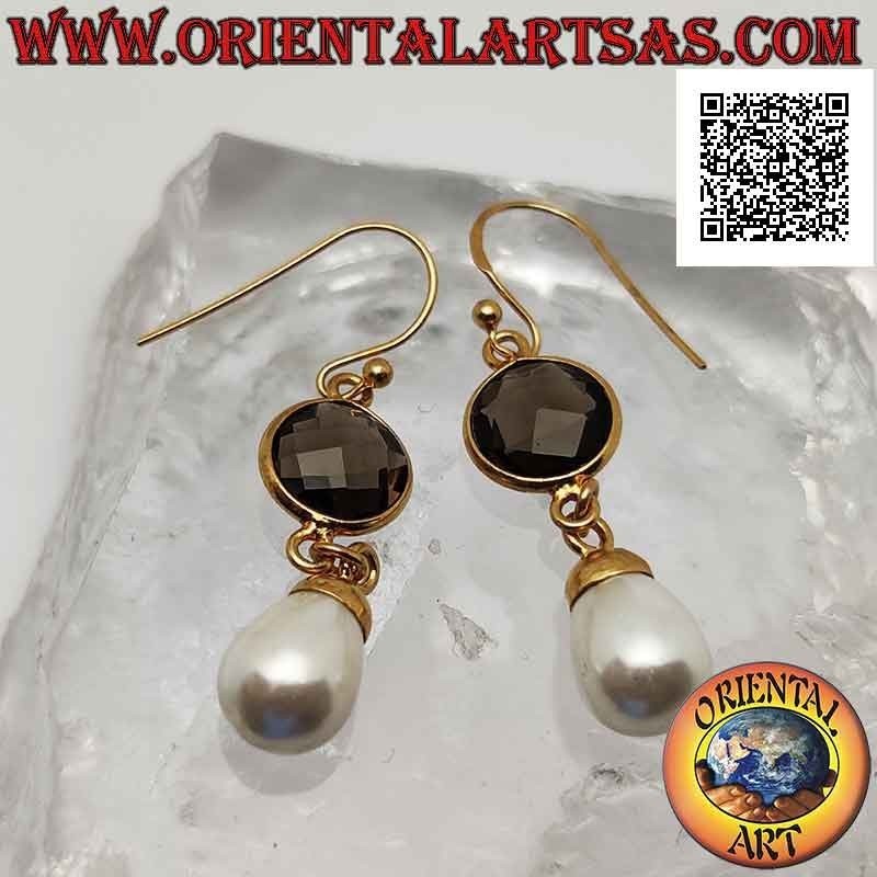 Pendientes de plata con baño de oro con topacio ahumado redondo facetado y perla colgante