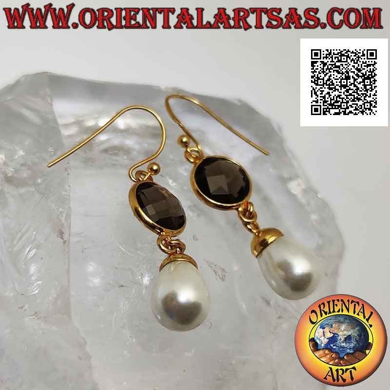 Gold-plated silver earrings with faceted round smoky topaz and pendant pearl